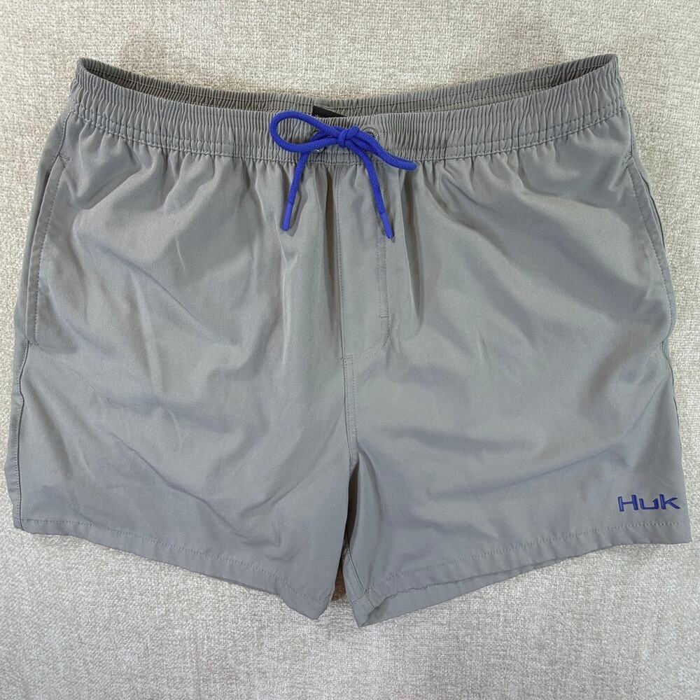 HUK Fishing Mens XL Gray Lined Drawstring Elastic Waist Swim Trunks Board Shorts